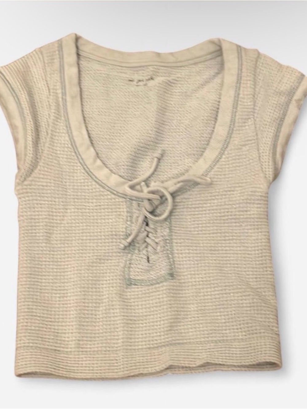 Waffle Knit Lace-Up Scoop Neck Women's Top - Light Blue